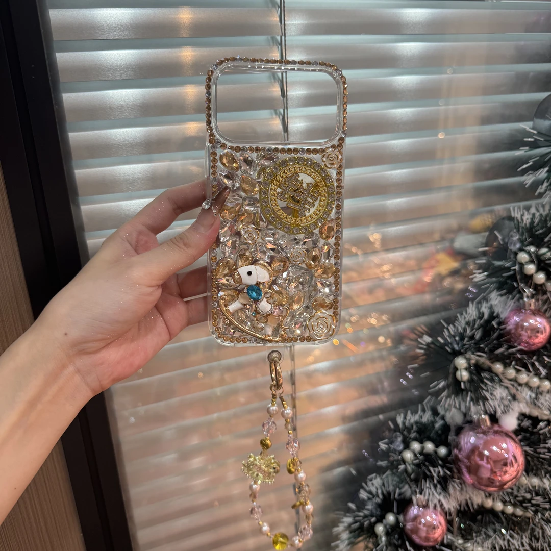 原创奢华手作满钻马上有钱花适用于iPhone15/16/17promax壳