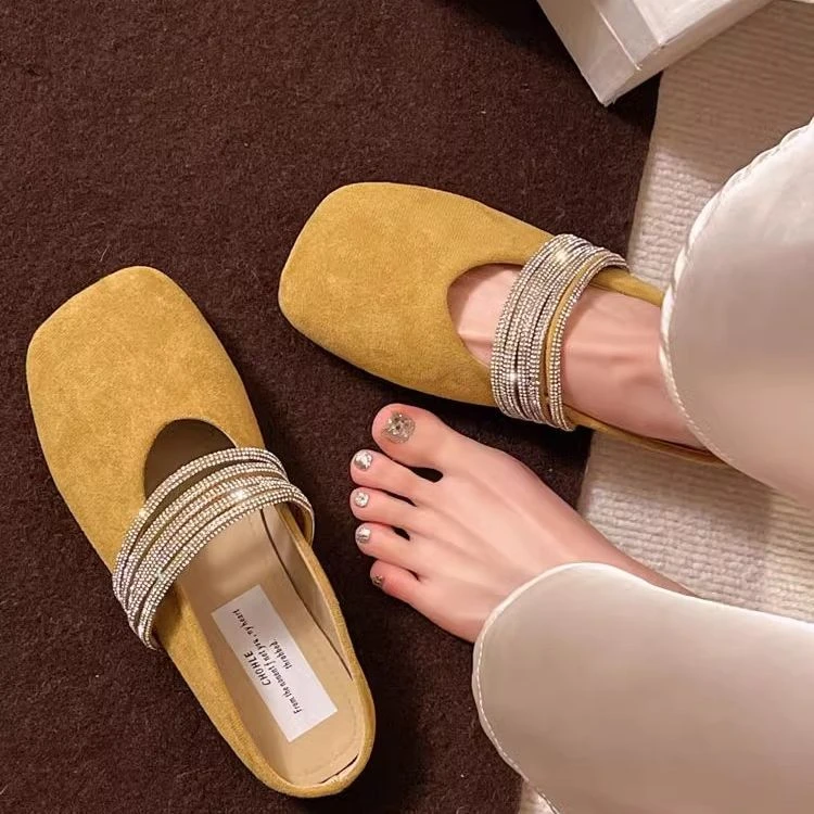 复古水钻一字带浅口女舒适软底平底单鞋凉拖鞋女夏季外穿包头拖鞋