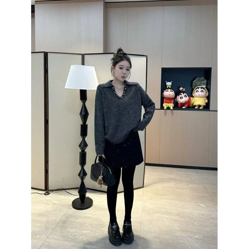 琪琪怪怪大码女装【冬日繁星】秋冬撒银细闪高腰A字半身裙D25944QD