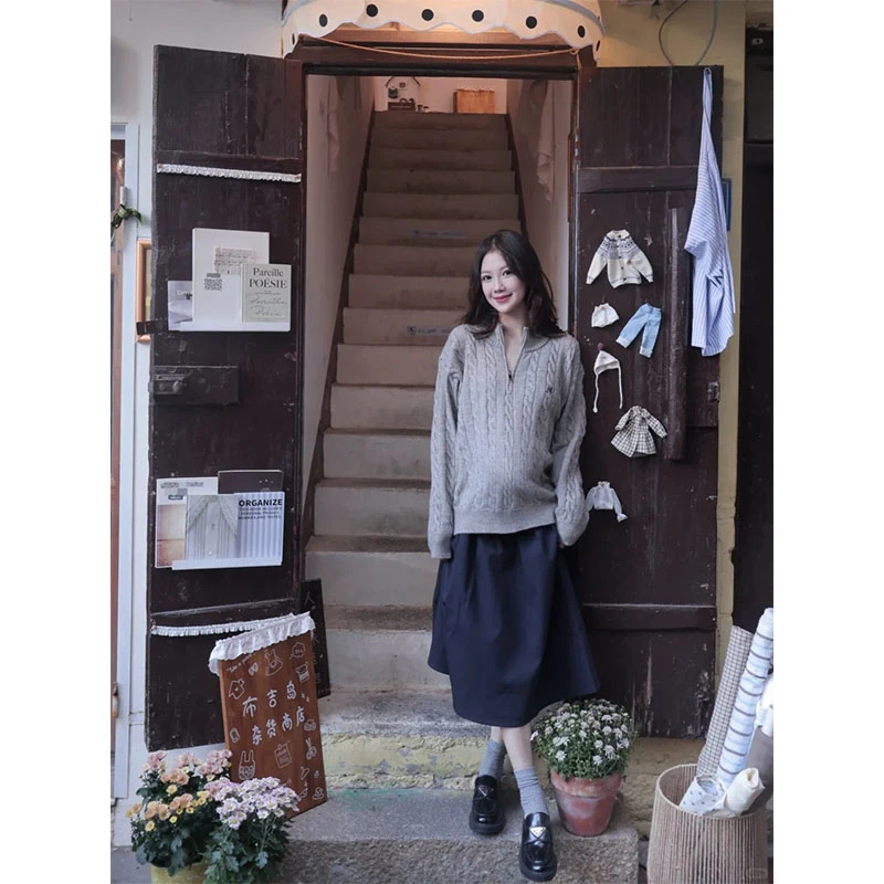 韩系秋冬季设计感通勤风修身显瘦百搭时尚上衣气质收腰a字半身裙