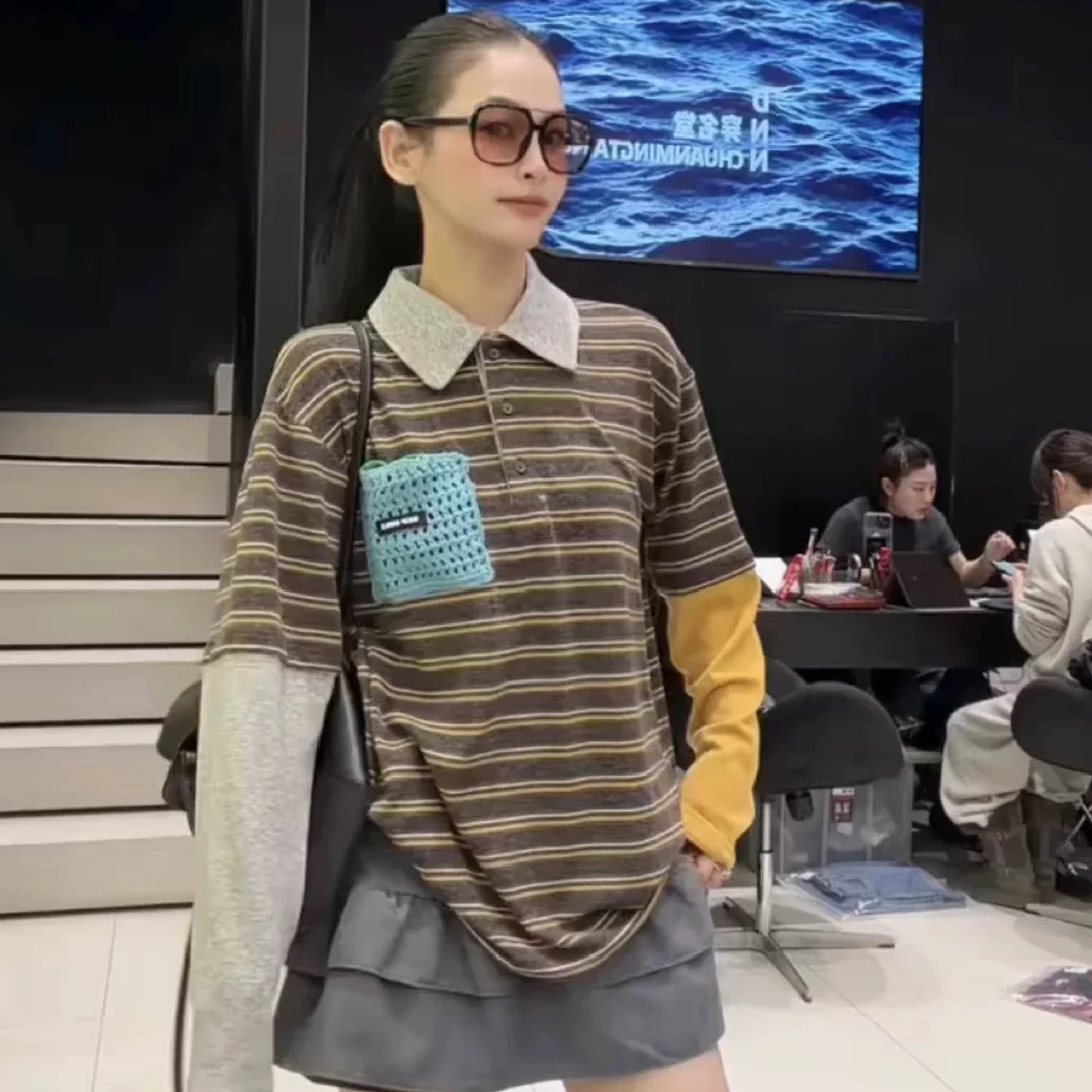 欧洲站2026早春新款欧货时尚圆领宽松显瘦百搭条纹长袖T恤女上衣