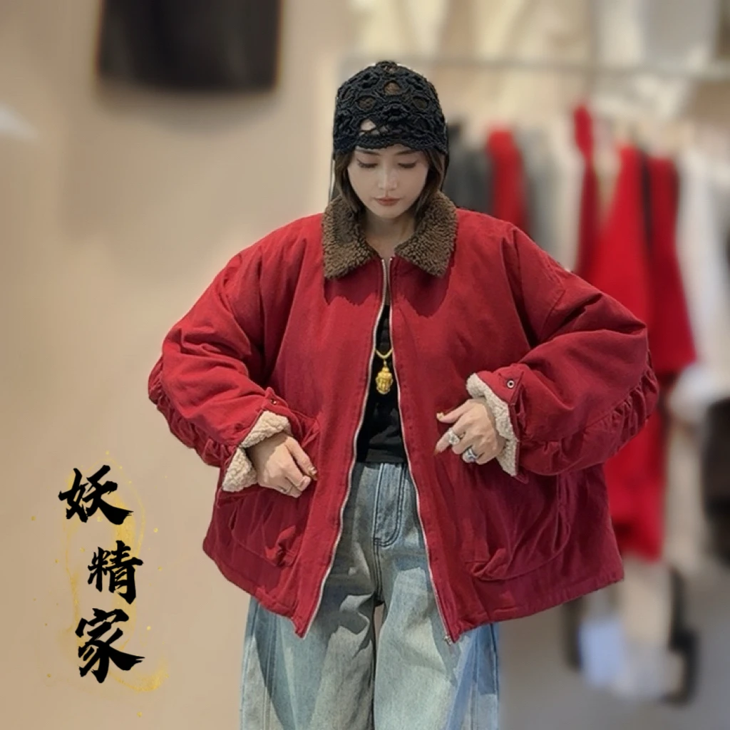 58172冬季韩版宽松慵懒松弛风翻领加绒内里外套