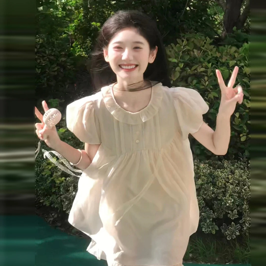 日系甜美娃娃领花苞袖连衣裙女夏季小个子温柔风超仙公主蓬蓬裙子