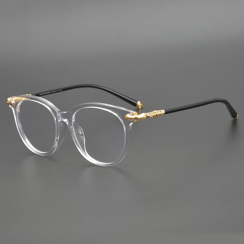 克罗复古圆框时尚造硬派透明色宽脸眼镜男女大脸镜架可配近视镜