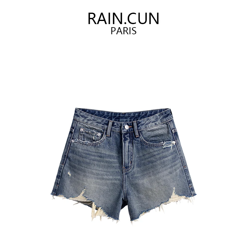 RAIN.CUN夏季薄款破洞毛边高腰牛仔短裤女三分热裤宽松显瘦11431