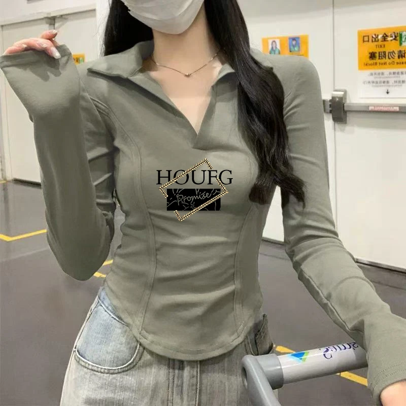 正肩长袖女Polo翻领收腰鱼骨显瘦上衣2025早秋新款欧美辣妹风