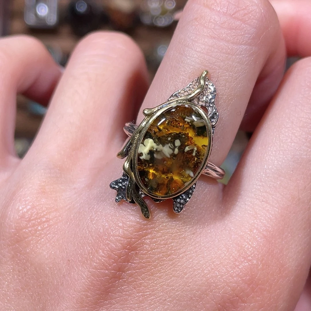 琥珀银S925镶嵌戒指