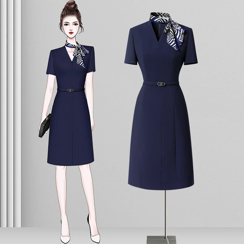 夏季V领短袖连衣裙气质轻奢女神范时尚显瘦高级感丝巾职业装