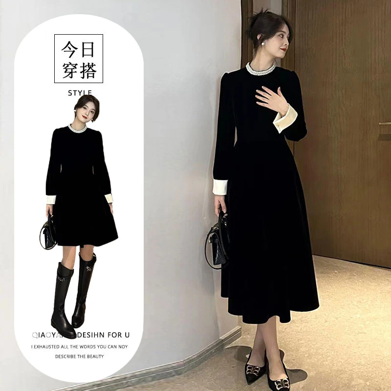 法式黑色丝绒连衣裙子赫本风轻奢小众高端年会生日party小礼服秋
