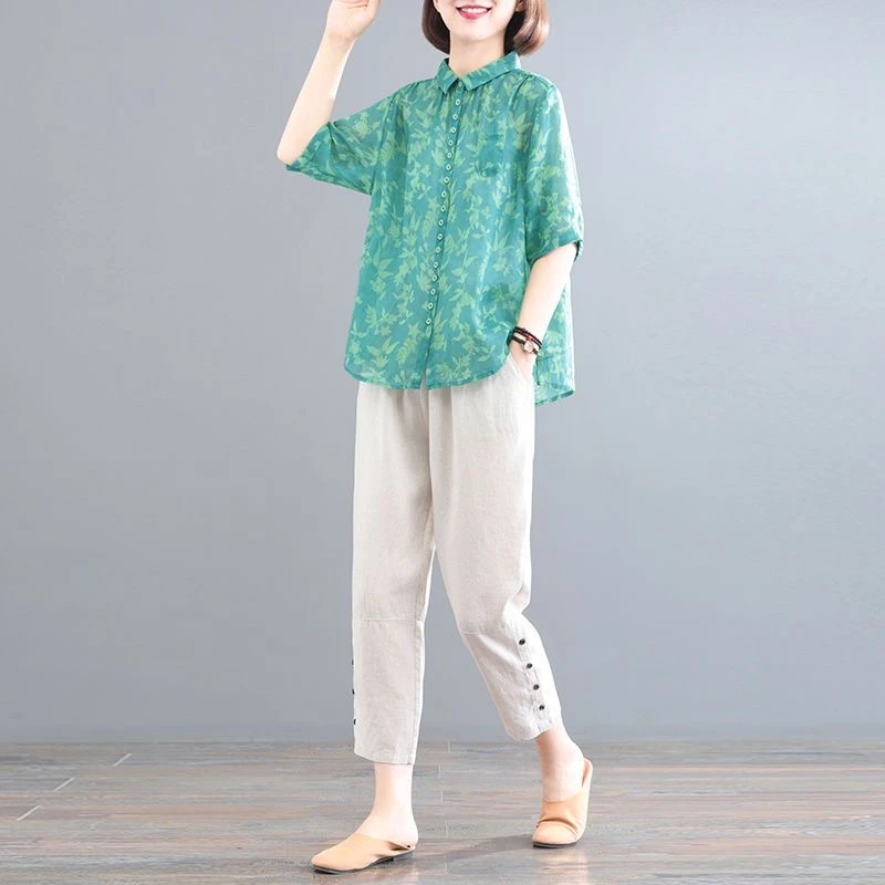 麻套装女夏中国风高档复古大码宽松显瘦两件套薄款洋气妈妈套装