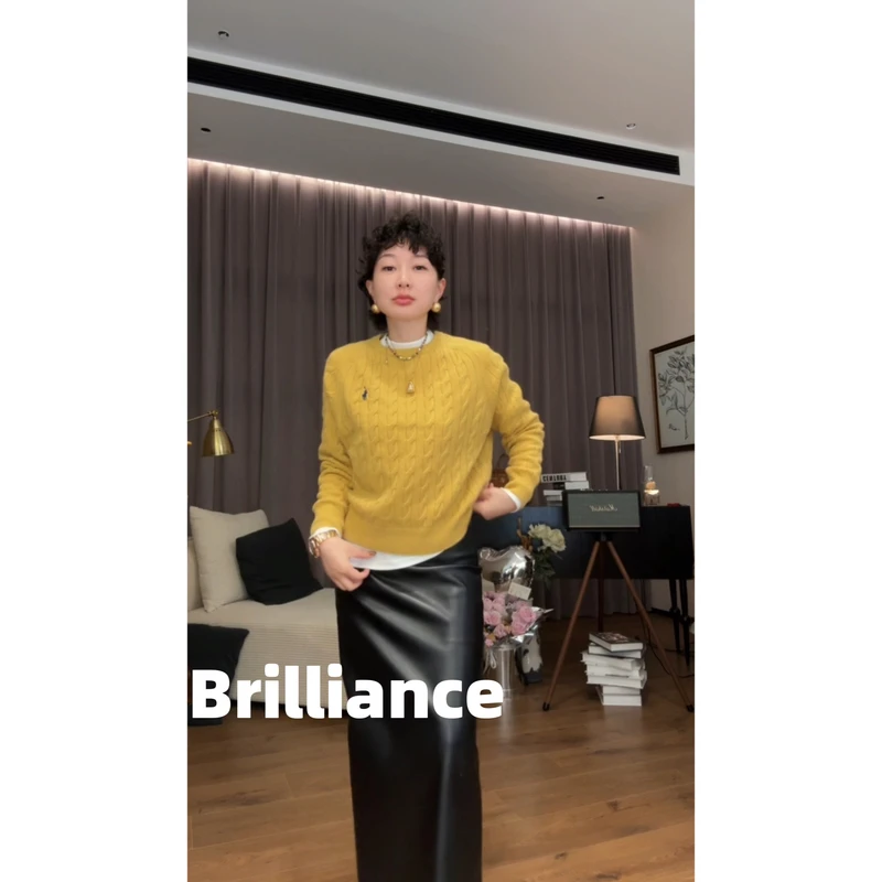 100%羊毛复古麻花刺绣宽松糖果色圆领毛衣