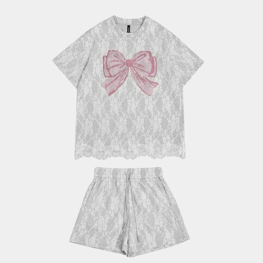 GGAHOLIDAY夏季时尚休闲宽松洋气潮流蕾丝拼接短袖套装-152554/45