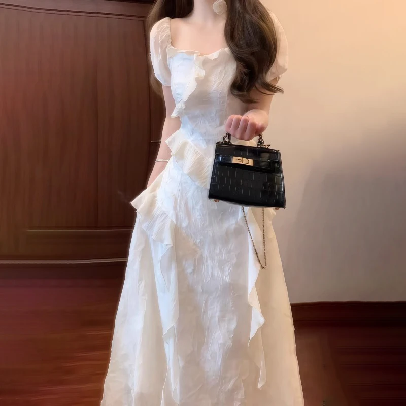 B393法式别致设计感荷叶边连衣裙女泡泡袖收腰显瘦超仙甜美公主裙