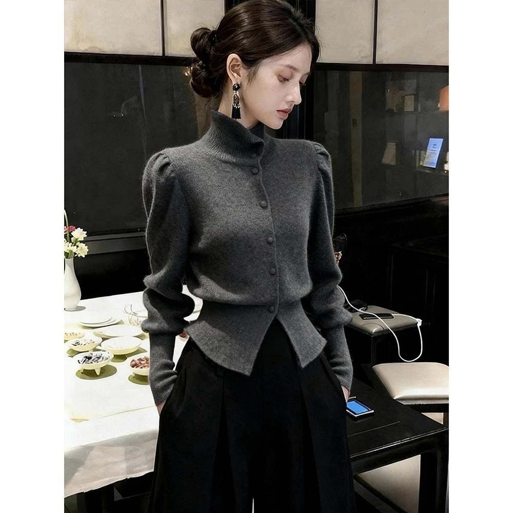 深灰针织衫女秋冬内搭巨好看高端轻熟气质法式小香风掐腰高领毛衣