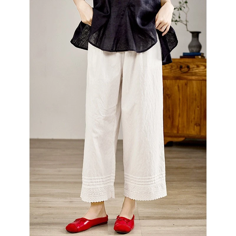 全棉暗花纹米白色花边休闲打底裤 松紧腰轻薄九分阔腿裤子女