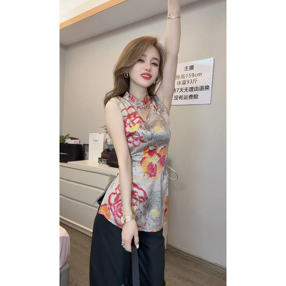 新中式国风2025新款夏季减龄无袖气质百搭立领侧开叉提花上衣