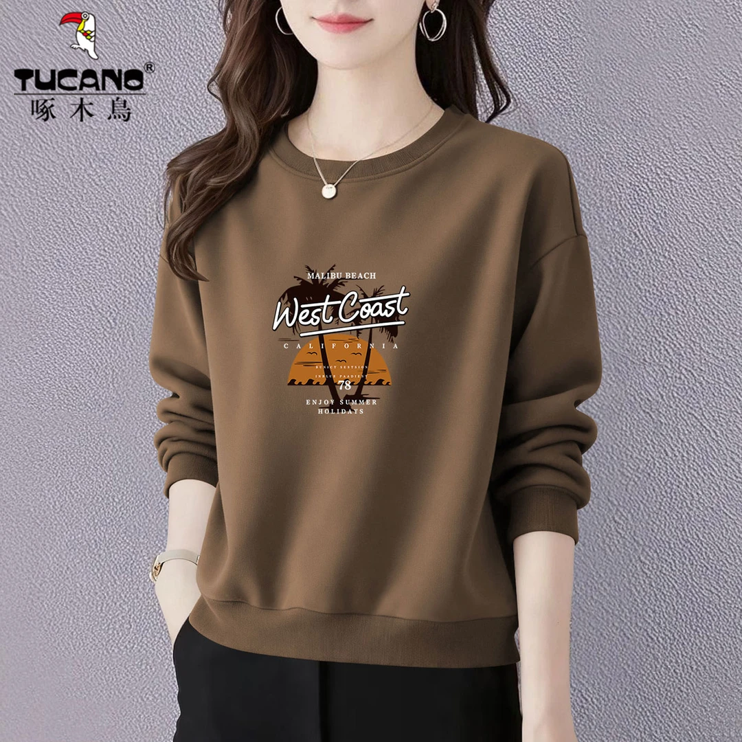 啄木鸟秋冬新品洋气纯棉打底衫女妈妈装宽松上衣加绒加厚长袖卫衣