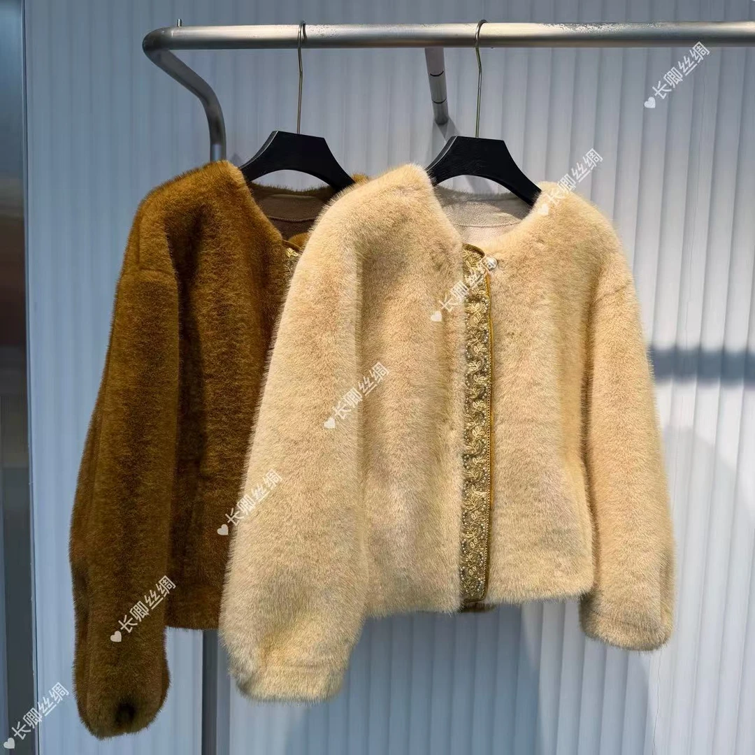 【长卿】高奢系列 秋冬厚款钉珠保暖毛毛外套D1365