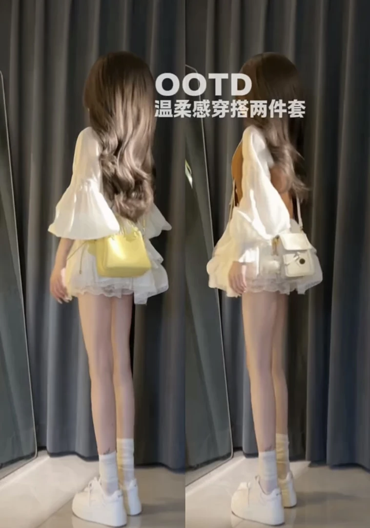 2025春秋新款韩版收腰白色长袖蛋糕连衣裙女叠穿卡其马甲两件套装