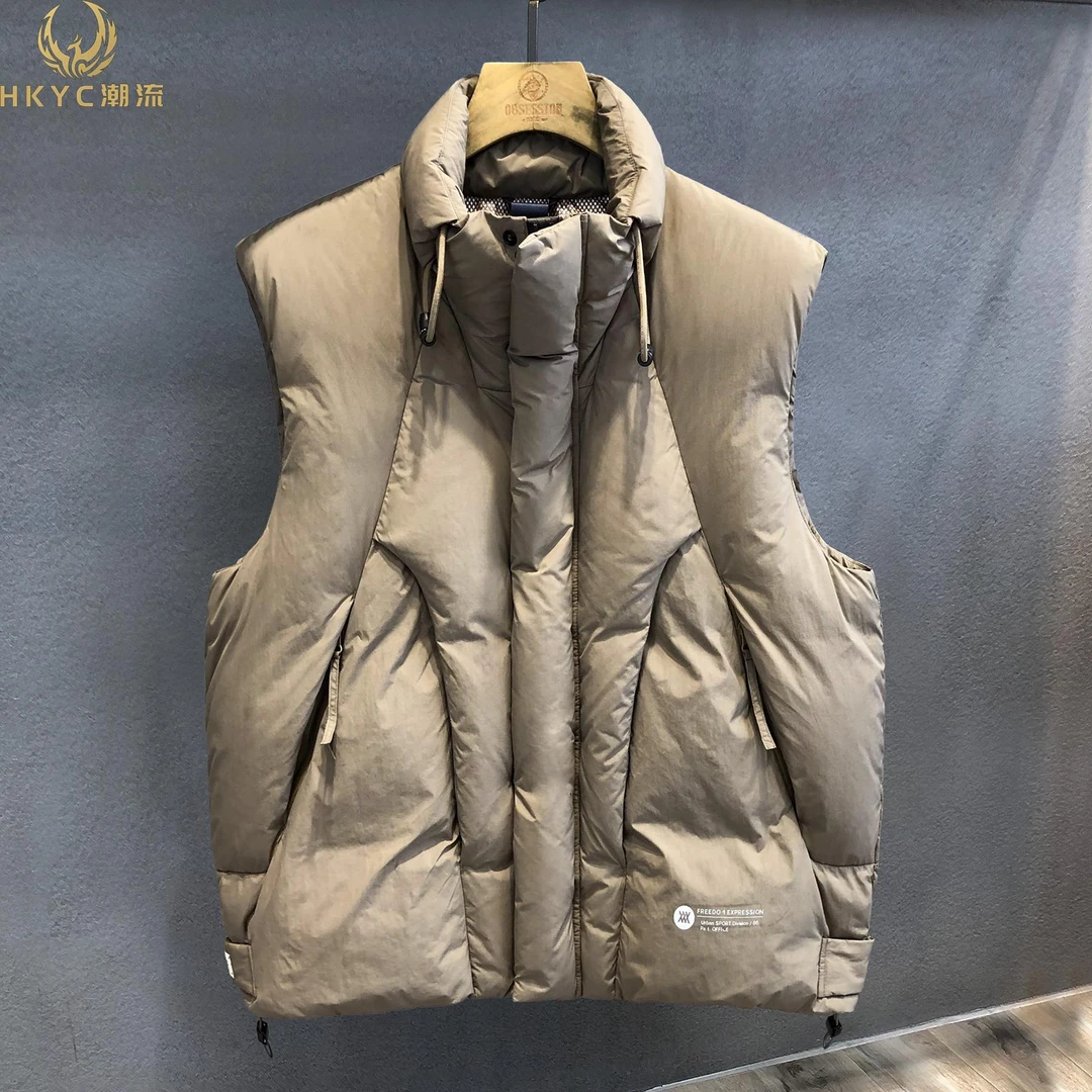 HKYC舱体式立体高蓬松白鸭绒加厚加绒马甲男士冬季外穿保暖背心男