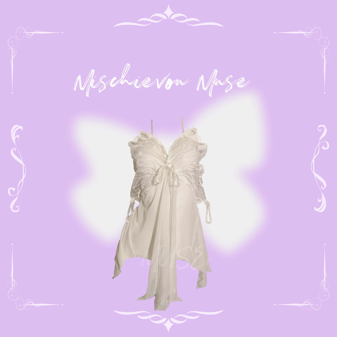 Mischievous Muse 【荧雪蚀窗】纯欲网纱白色蝴蝶显瘦蕾丝连衣裙