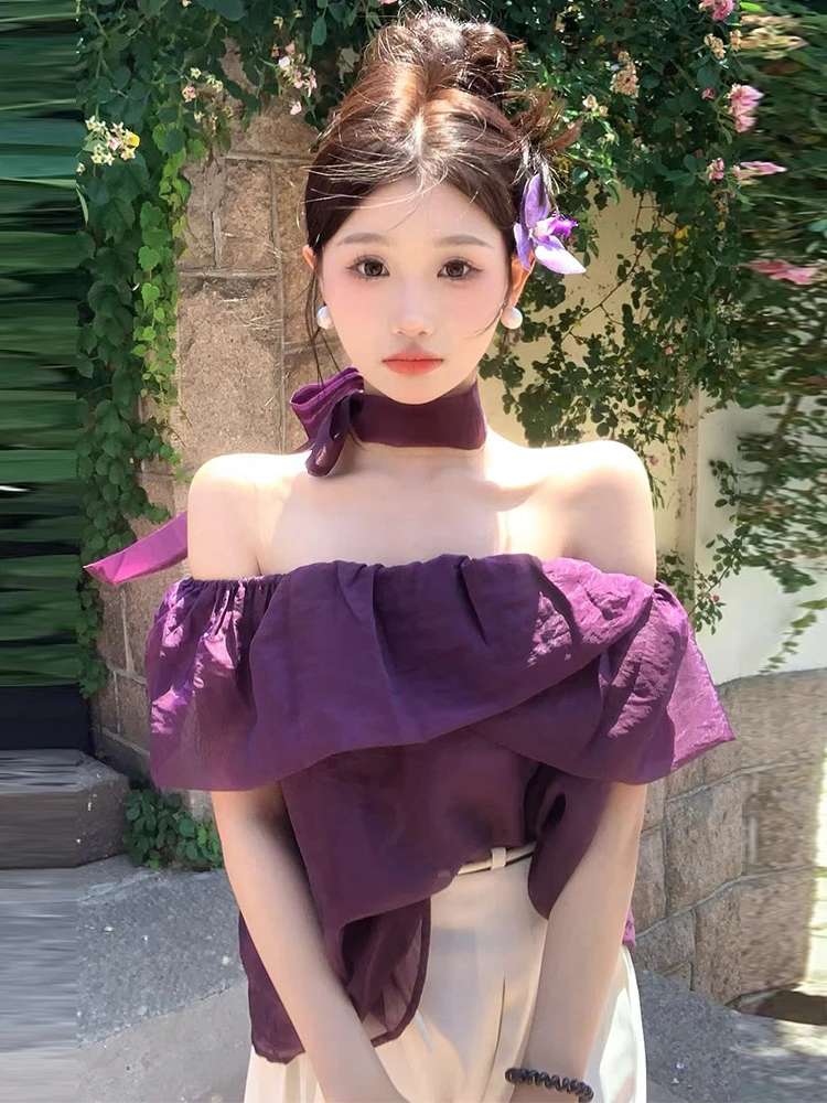 荷叶边纯色拼接薄款荷叶袖衬衫雪纺衫一字领甜美