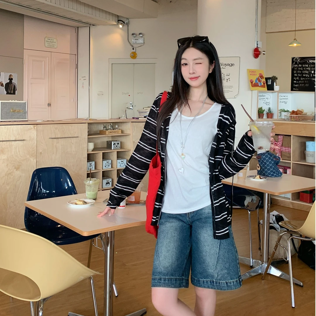 冷感纤维！抽绳条纹连帽排扣开衫 条纹长袖T恤薄款外穿防晒空调衫