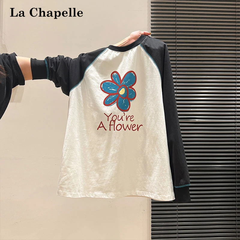 拉夏贝尔多巴胺字母花朵印花圆领长袖T恤女秋季松弛感宽松小上衣