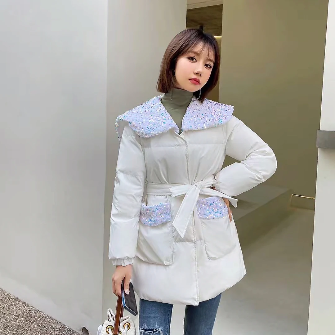 亮片海军领中长款加厚小香风时尚保暖冬季女