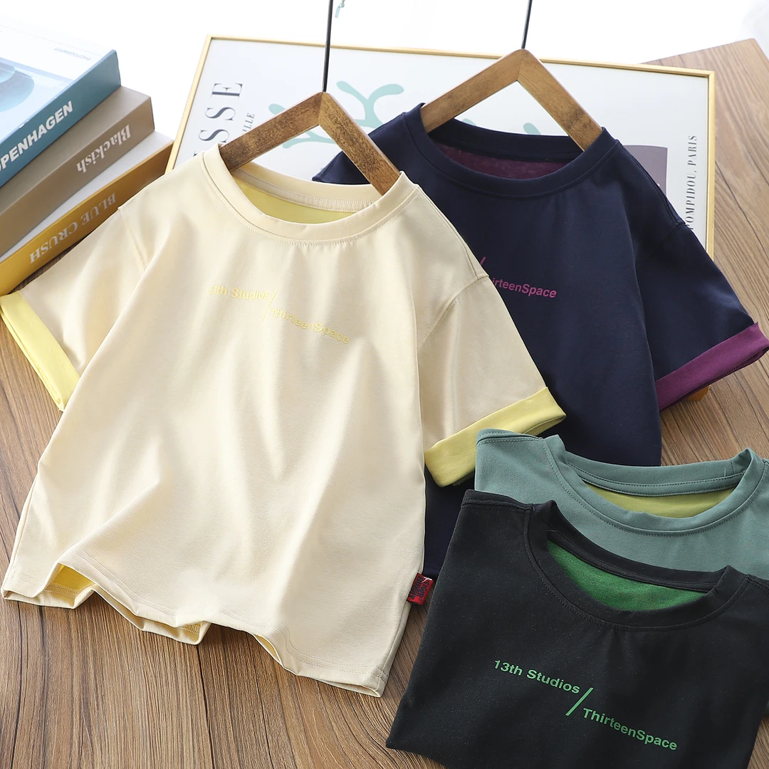 儿童夏季双面短袖T恤女童男童洋气半袖宽松中大童圆领