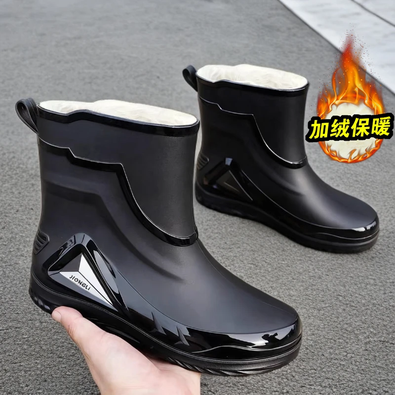 2025冬季爆款加绒雨鞋男士防水保暖雨靴中筒钓鱼水鞋工作劳保胶鞋