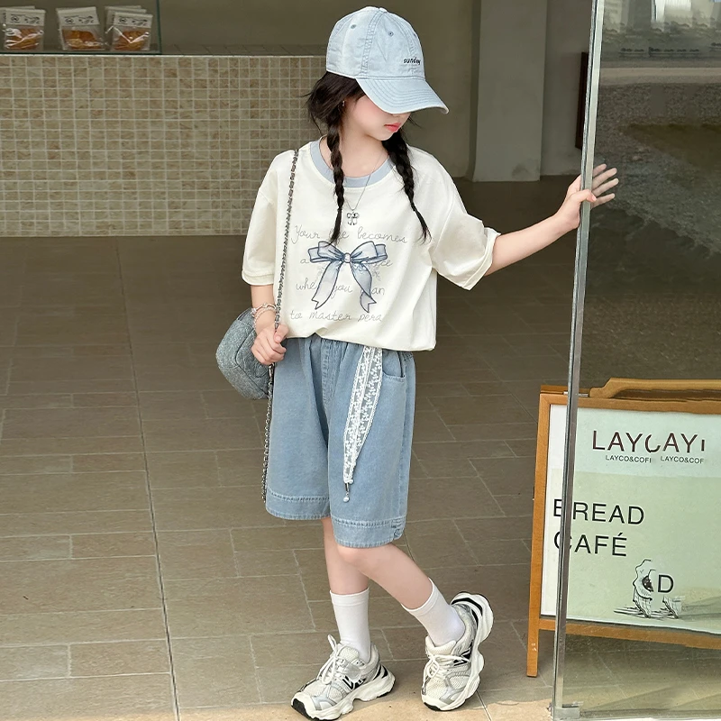 【涵妈推荐】女童夏季套装蝴蝶结印花上衣蕾丝腰带牛仔中裤两件套潮