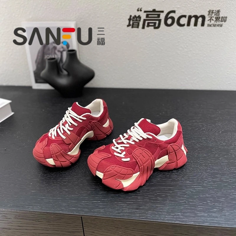 三福2025春秋新款小个子6cm松糕底小众系带休闲女时尚透气老爹鞋