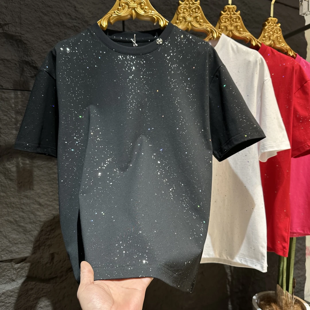 早春亮片短袖圆领T恤春夏设计师韩版宽松上衣简约时尚男士T恤