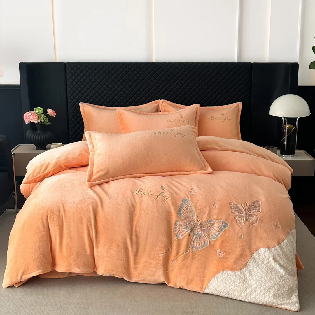 【蝴蝶--橙色】蝴蝶刺绣加厚贴布绣牛奶绒四件套
