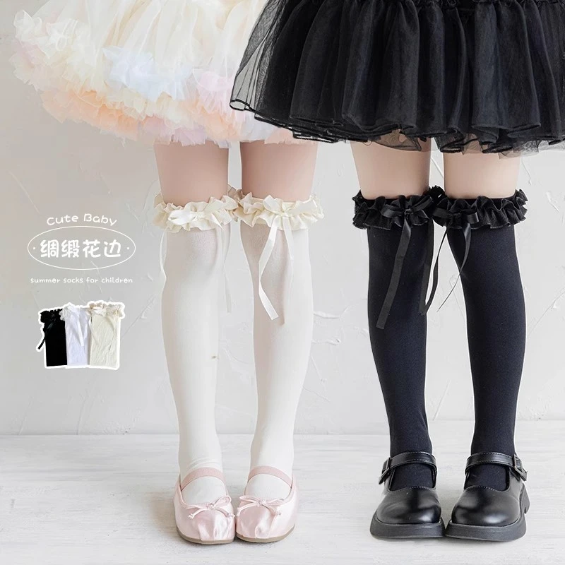 女童袜子夏薄款天鹅绒丝袜春夏季丝带蝴蝶结花边芭蕾风外穿小腿袜
