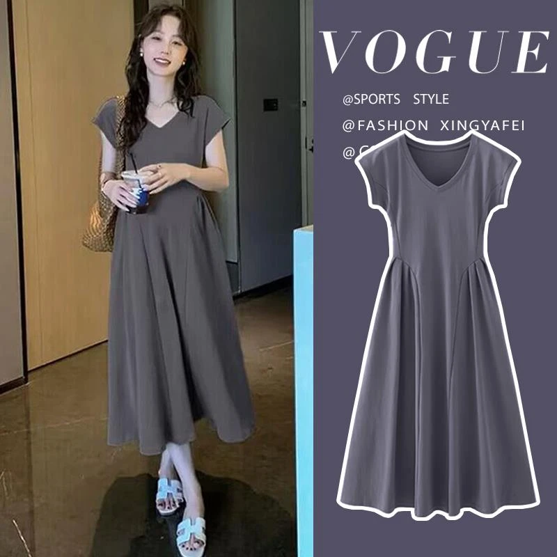 孕妇装夏装连衣裙2025新款短袖v领长裙孕期法式穿搭孕妇裙弹力好