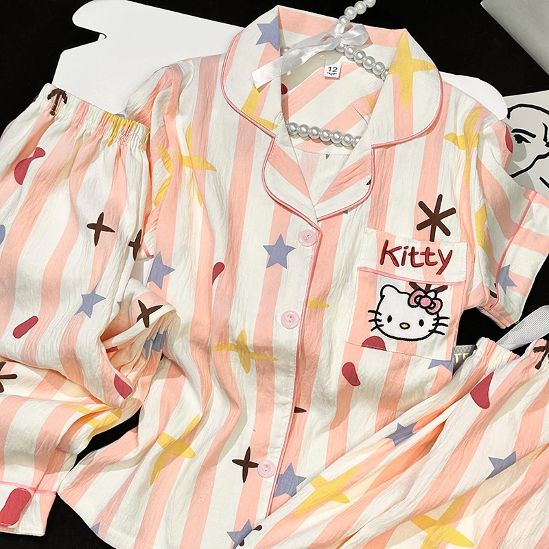 夏季女童云朵棉睡衣儿童短袖长裤薄款卡通可爱三件套夏女孩家居服