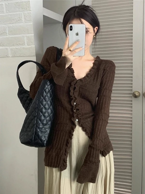 美式复古木耳边v领针织开衫外套女春秋纯欲辣妹长袖毛衣打底上衣