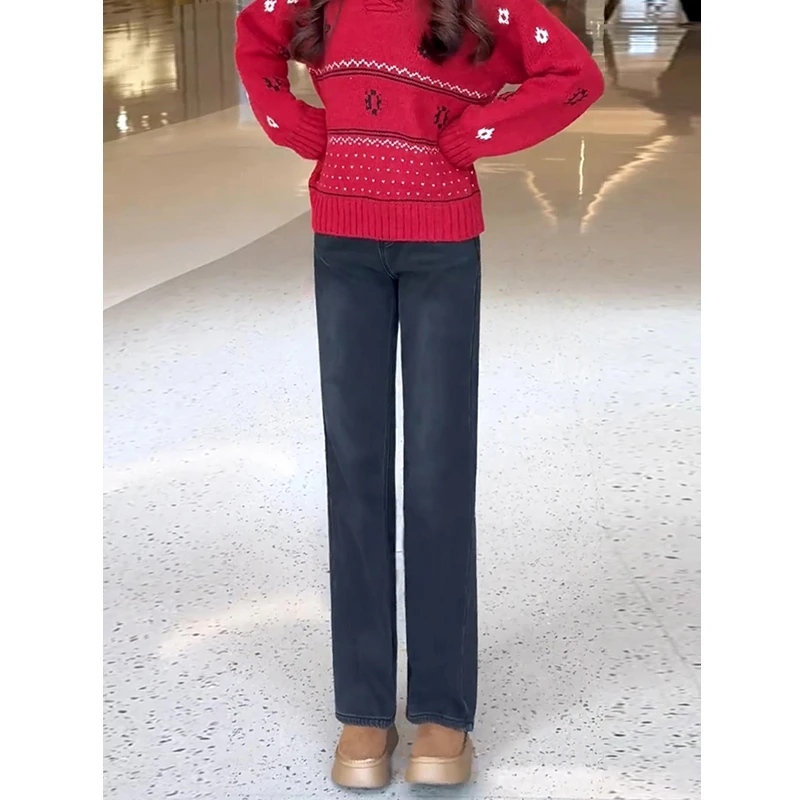 美思源黑灰色牛仔裤女直筒2025年春季新品宽松显瘦高腰加绒阔腿裤