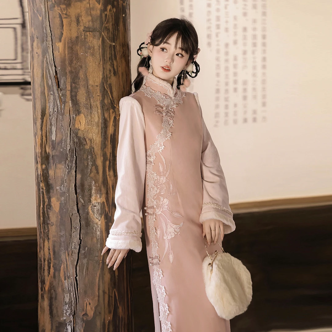 【温柔意】新中式女装国风新款旗袍气质长袖粉色蕾丝刺绣少女复古