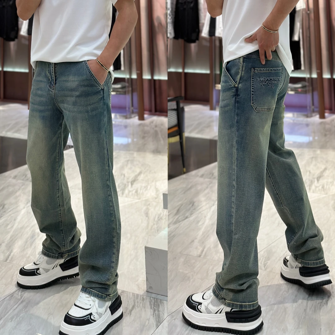 【发现者IV】2025男士新品高工艺欧版阔腿宽松蓝色直筒牛仔裤6859