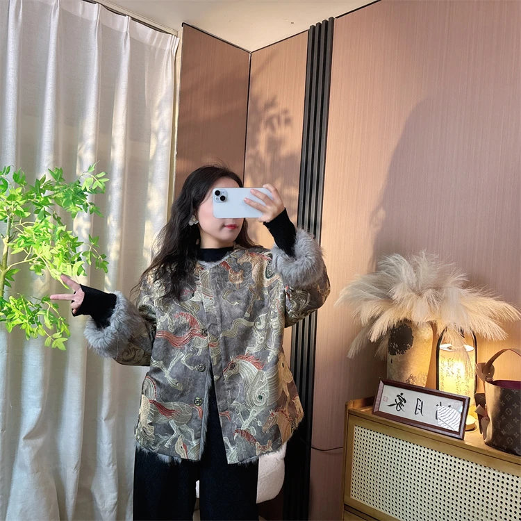 【幸福加马】冬季新款新中式仲夏夜毛毛加厚刺绣外套超厚