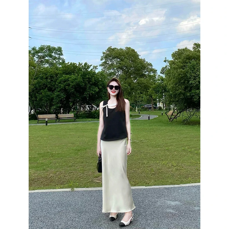 夏季气质女套装修身显瘦休闲百搭无袖上衣时尚高腰A字半身长裙