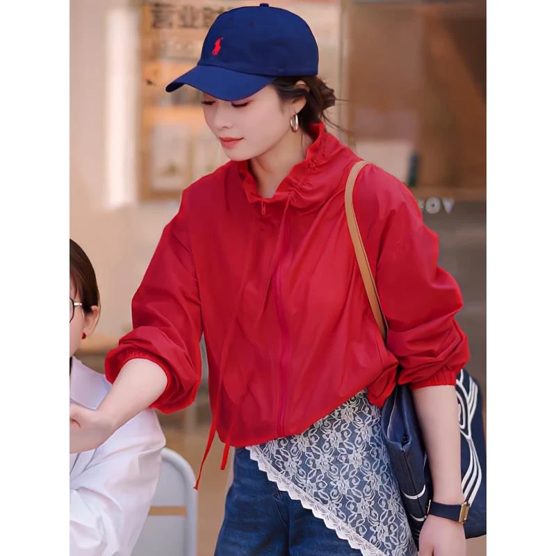 超好看红色防晒衣女柔软外套薄款夏季立领拉链户外旅游防晒服上衣
