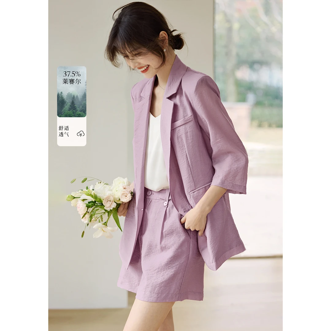 XWI/欣未轻盈西装两件套套装2025春季轻盈中袖西装短裤两件套套装