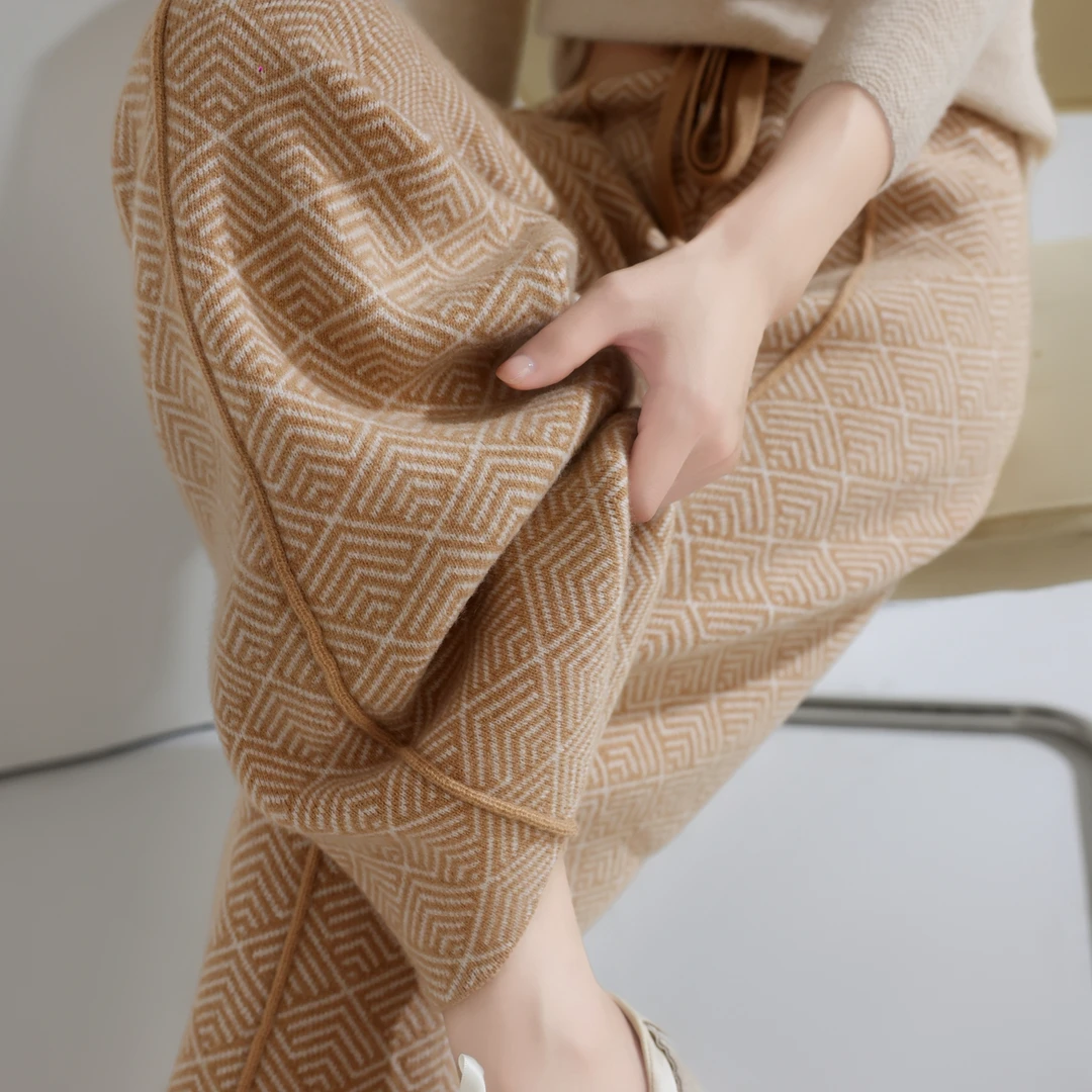 羊范100%纯羊毛针织阔腿裤女士秋冬新款芝麻点加厚中缝菱形直筒裤