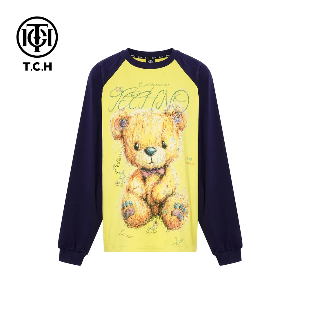 TCH休闲风萌系小熊烫钻撞色长袖T恤女2026春夏新款T78A086005