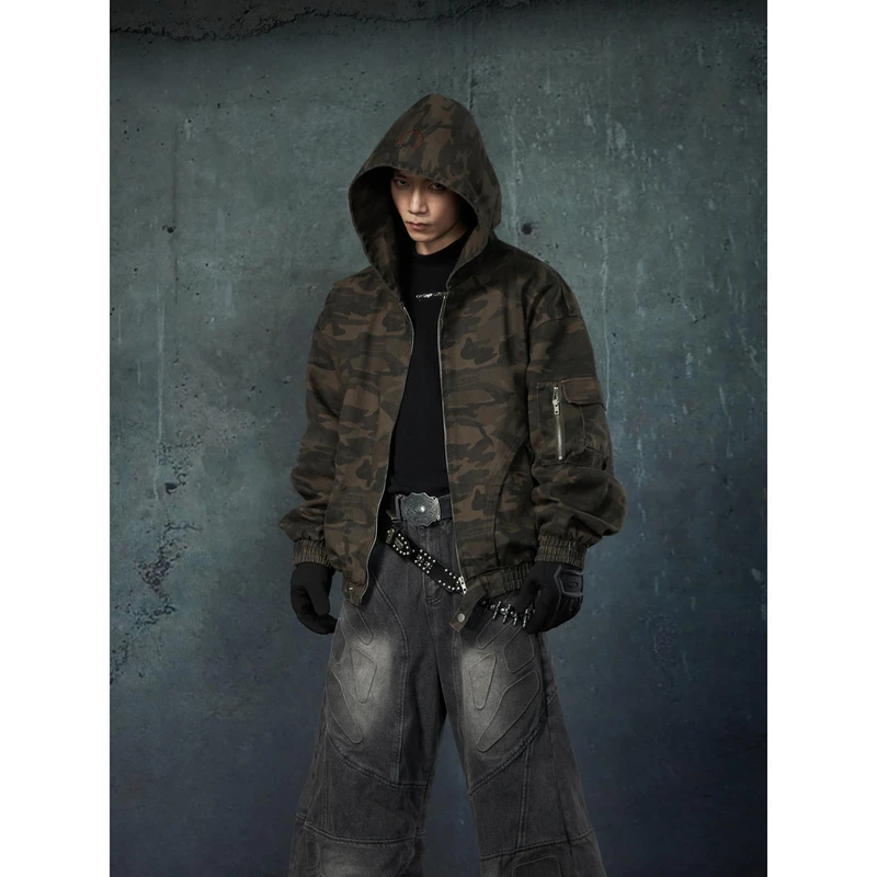 无人孤岛 街头复古嘻哈解构设计感洗水迷彩连帽衫宽松拉链夹克