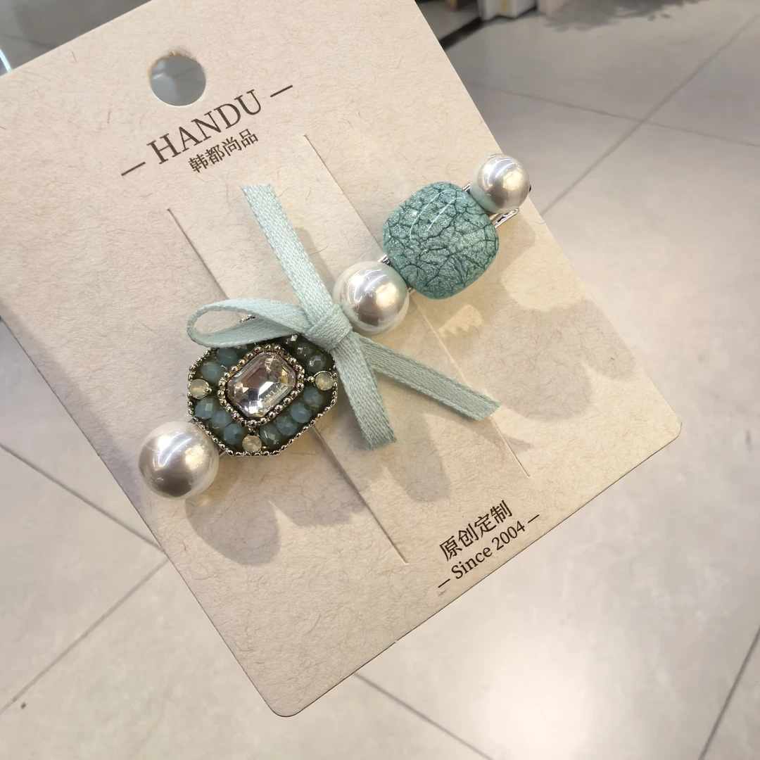 B416蓝色蝴蝶结复古闪闪边夹